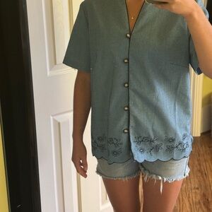 Free People Blue Embroidered Button-Down Shirt